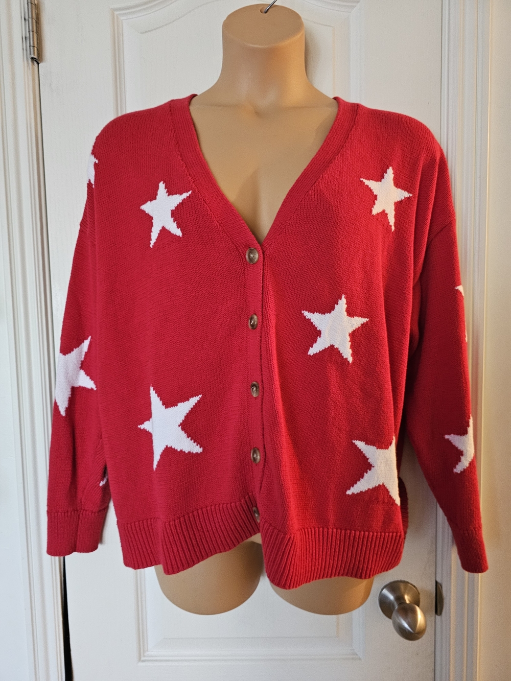 Lane Bryant 18 20 Red Star V-Neck Button Cardigan